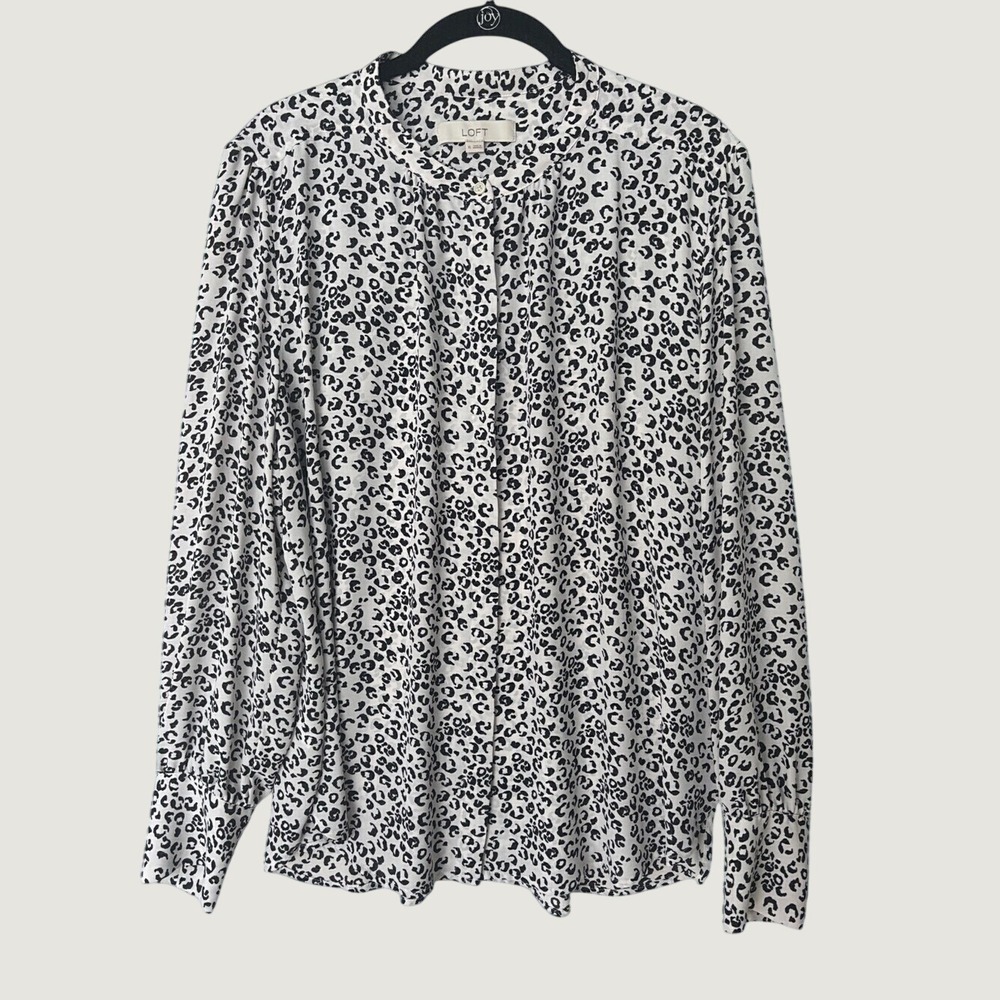 LOFT White Blouse Black Leopard Print Long Sleeve Button Down XL